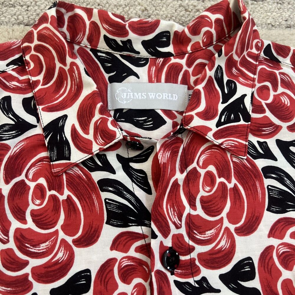 Vintage Jams World Hawaiian Shirt Mens XL Rayon Red Black Roses Valentines 90s